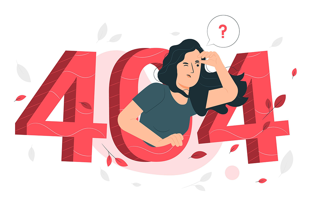 Illustration of a confused woman emerging from large red '404' numbers, symbolizing a website error or broken link.