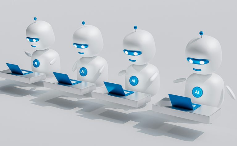 A row of small robots working at laptops