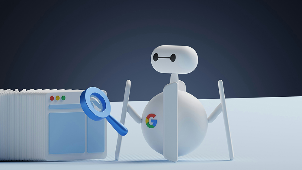 3D-rendered robot with a Google logo holding a magnifying glass, analyzing web pages, representing AI-driven SEO and search engine optimization.