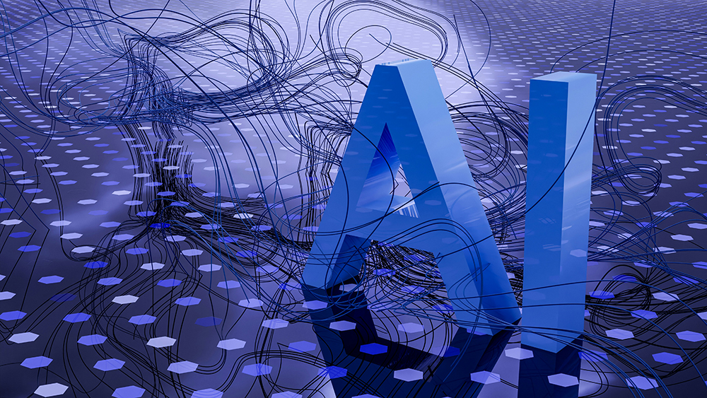 Futuristic 3D AI text with digital network connections on a hexagonal patterned surface, representing artificial intelligence in technology and web design.