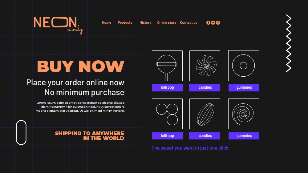 Dark mode e-commerce website design for a candy store, featuring neon typography, a modern product grid layout, and a sleek user interface.