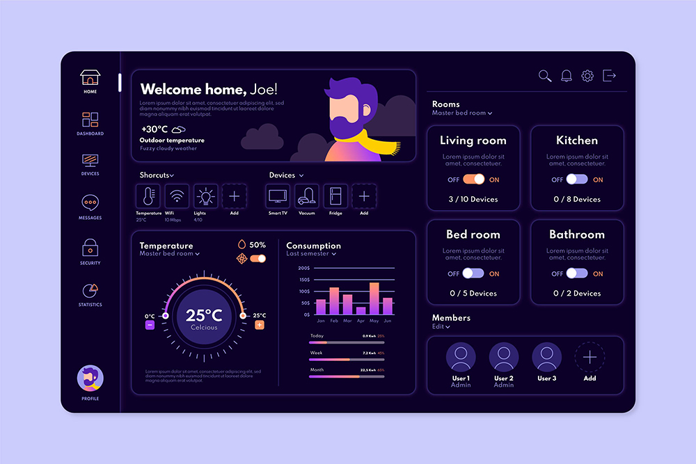 Modern dark mode smart home dashboard with interactive UI elements, including temperature controls, device management, and real-time analytics.