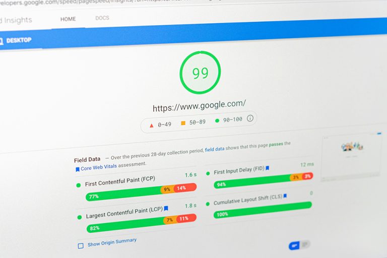 A PageSpeed report showing a score of 99