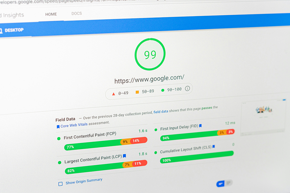 Google PageSpeed Insights report showing a performance score of 99, with Core Web Vitals metrics for website speed and optimization.