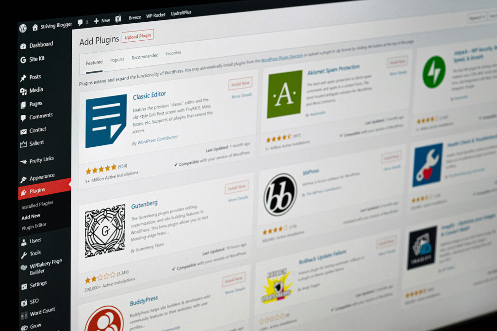 WordPress admin dashboard showing the plugins directory with options to install security and functionality plugins.