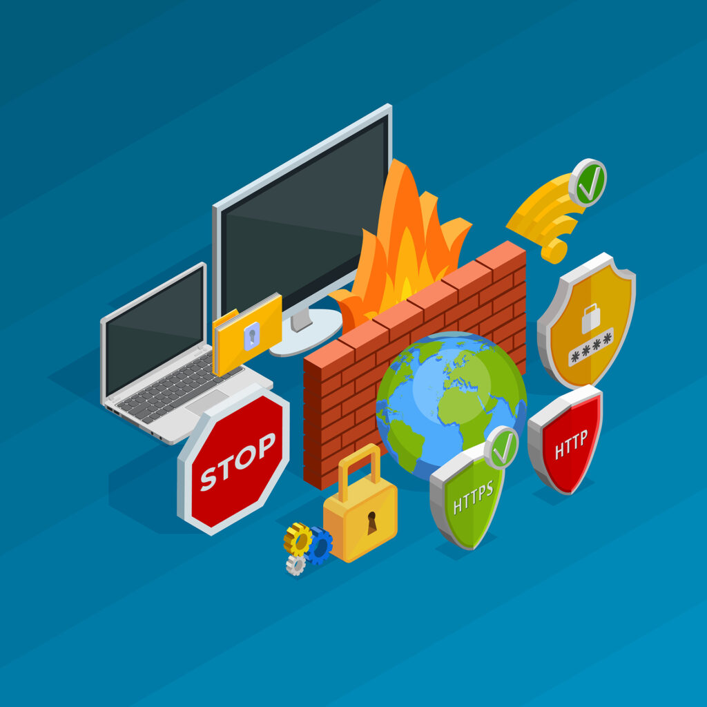 Illustration of web security with firewall, HTTPS shield, password protection, and global internet protection elements.