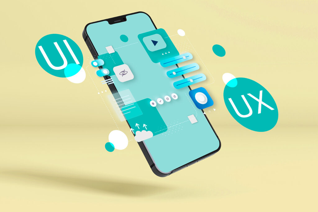 3D illustration of a smartphone interface showcasing UI and UX elements like buttons, sliders, and layout components.