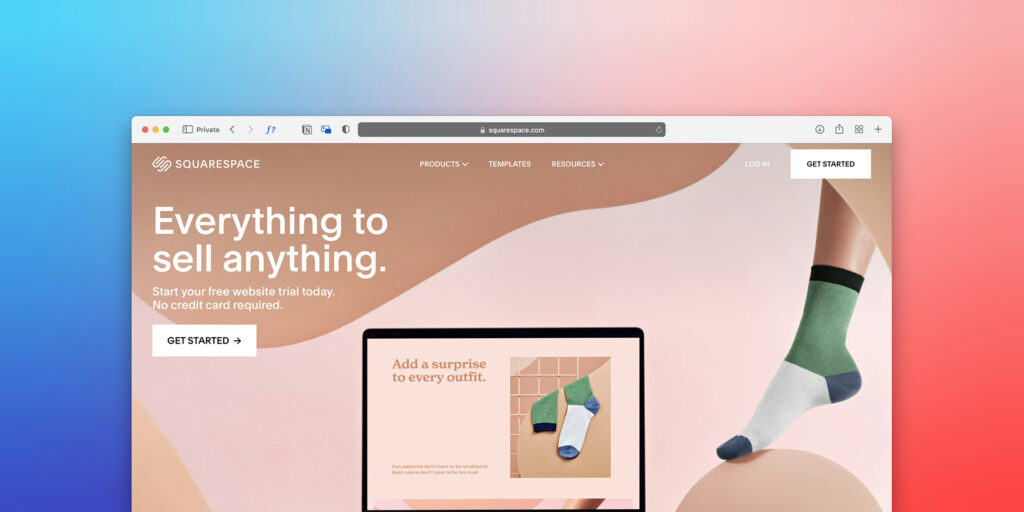 “Screenshot of the Squarespace homepage showing the slogan ‘Everything to sell anything’ promoting its website builder platform.