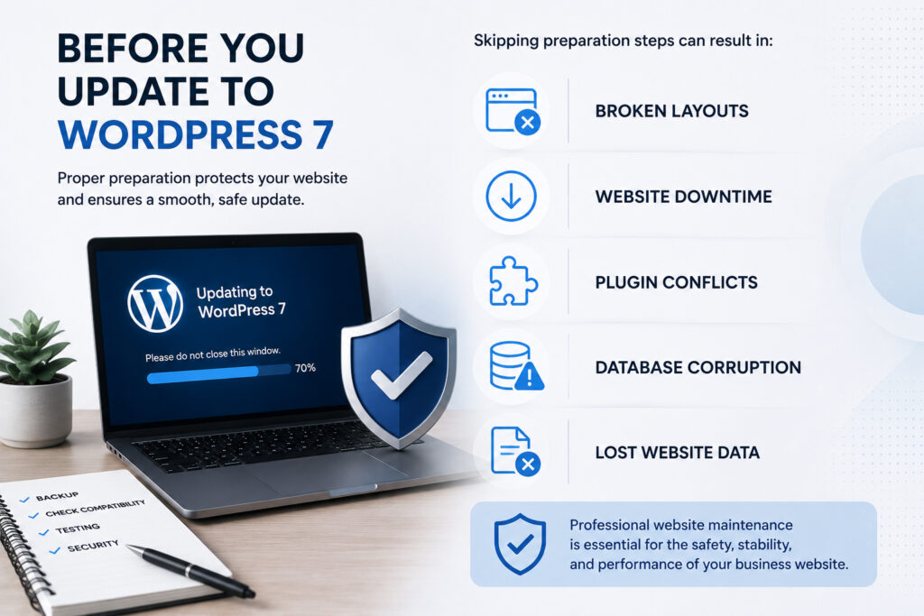 WordPress 7 update preparation infographic showing website backup, security checks, plugin compatibility, and risks of improper updates