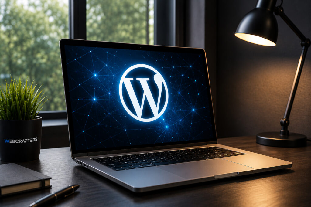 Ultra realistic modern workspace with a laptop displaying the WordPress logo and WebCrafters branding in a professional office environment