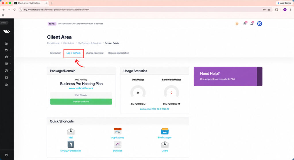 WebCrafters client portal dashboard showing the Login to Plesk option for accessing website hosting management tools