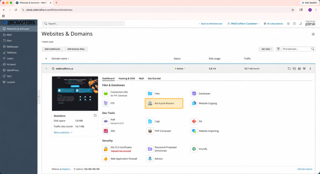 Plesk hosting dashboard showing the Backup & Restore section for creating a full website backup before updating to WordPress 7