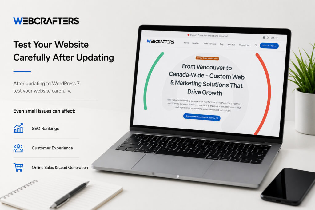 Minimal ultra realistic workspace scene showing website testing after a WordPress 7 update with WebCrafters website displayed on a laptop screen