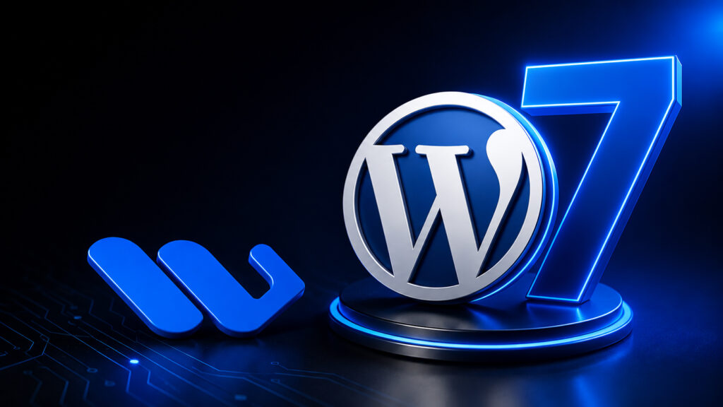 Ultra realistic 3D WordPress 7 featured image with glowing WordPress logo and WebCrafters icon on a futuristic blue technology background