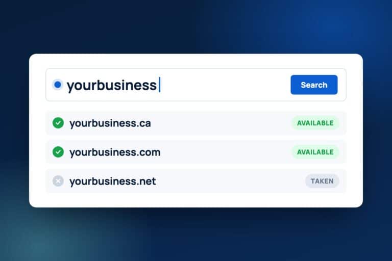 A domain search showing yourbusiness.ca and .com available