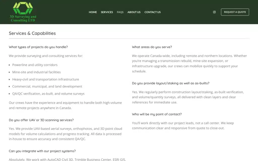 3D Surveying and Consulting website: FAQs