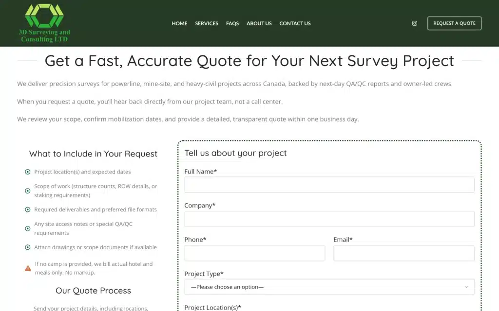 3D Surveying and Consulting website: Request a quote