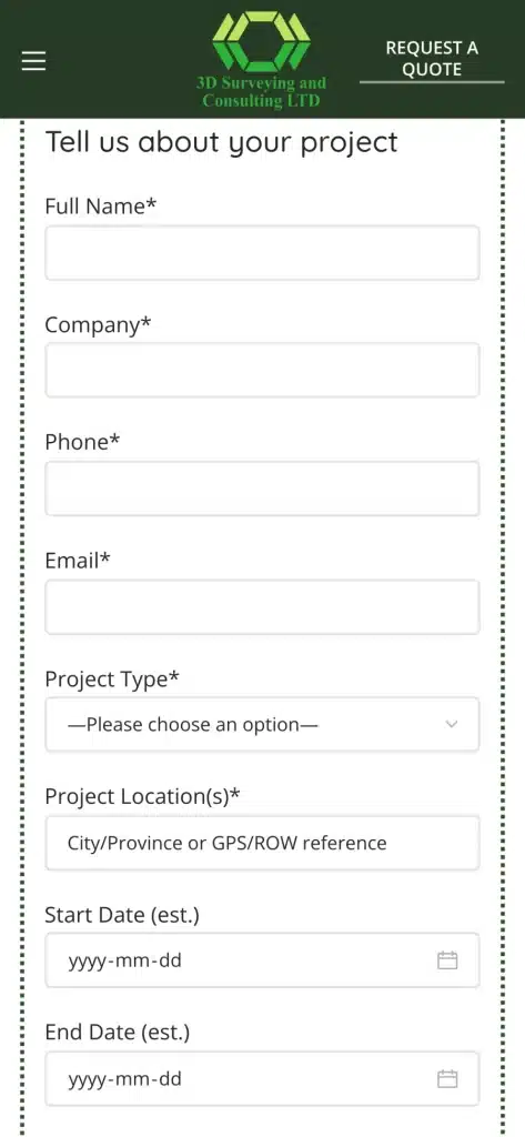 3D Surveying and Consulting website: Request a quote on a phone