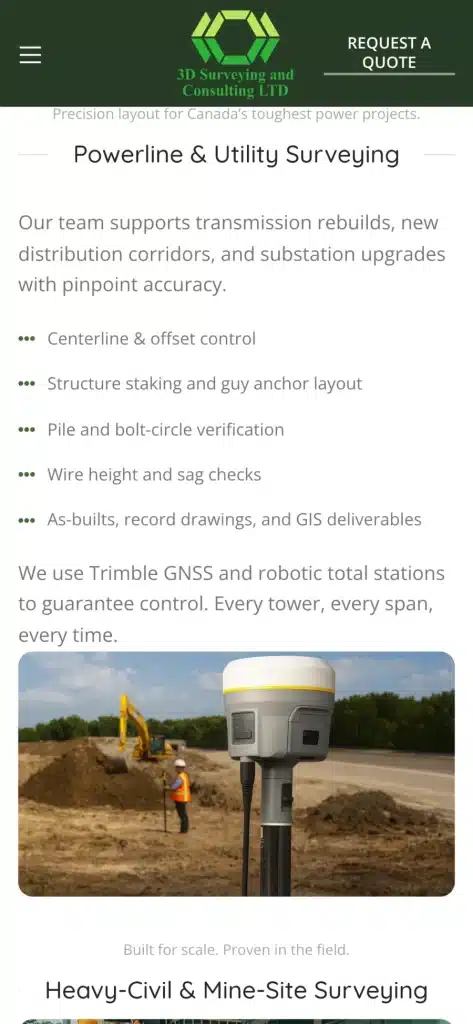 3D Surveying and Consulting website: Powerline and utility surveying on a phone