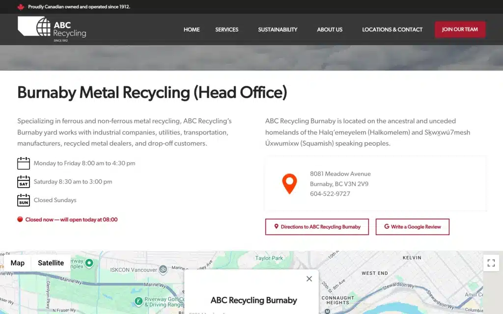 ABC Recycling website: Burnaby yard page