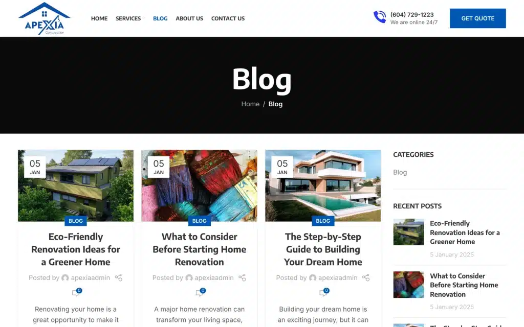 Apexia Construction website: Blog
