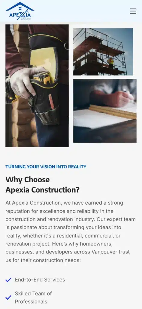 Apexia Construction website: Home page on a phone