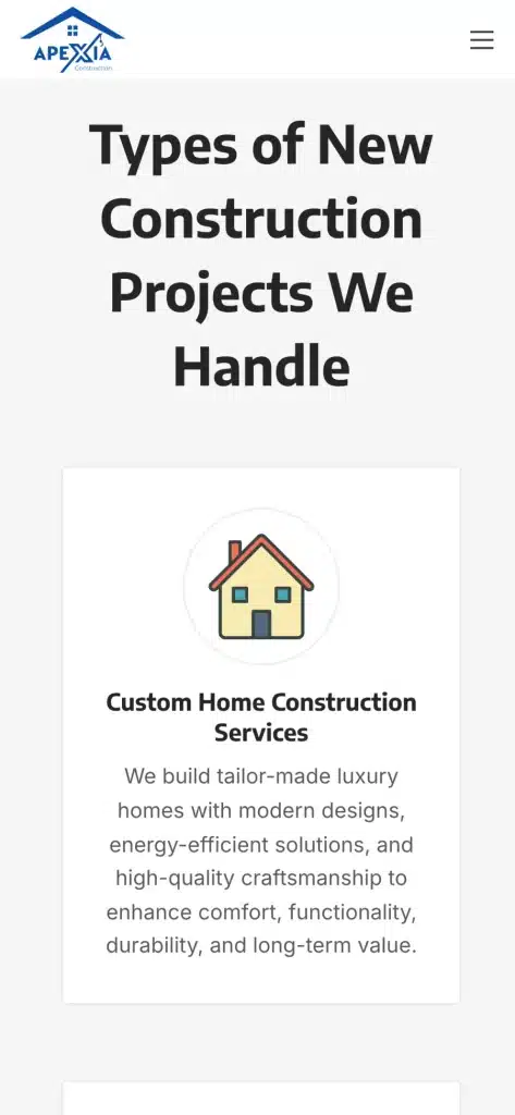 Apexia Construction website: New construction on a phone