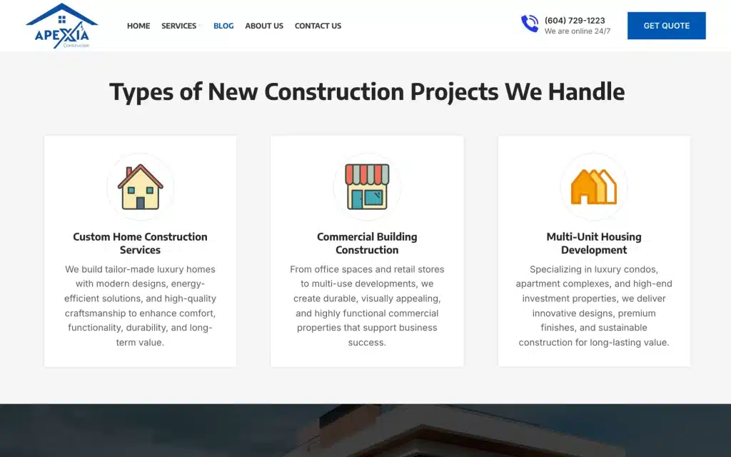 Apexia Construction website: New construction