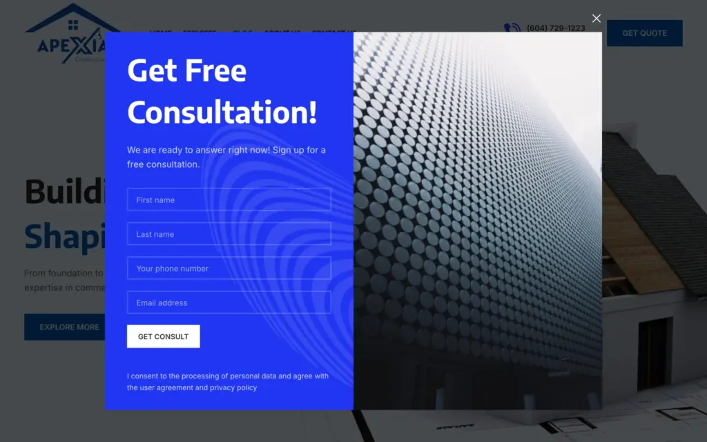 Apexia Construction website: the Get quote pop-up form