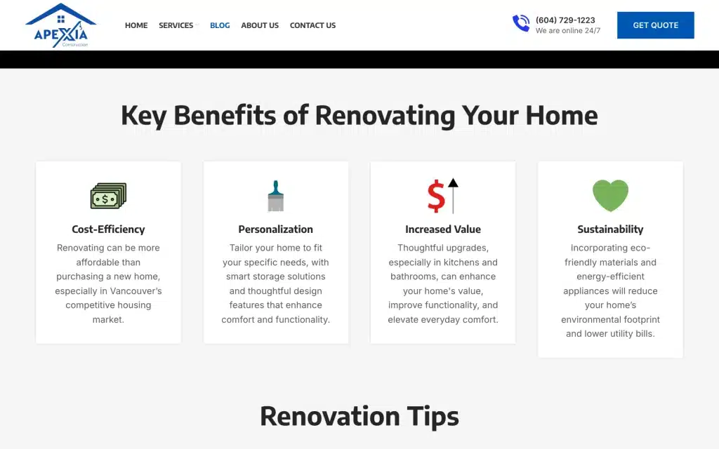 Apexia Construction website: Renovation services