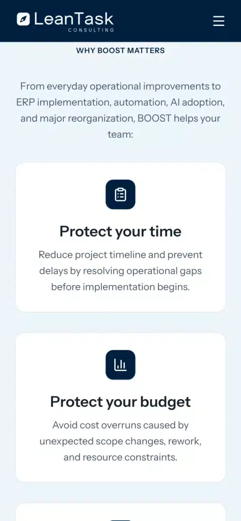 LeanTask BOOST website: Home page on a phone