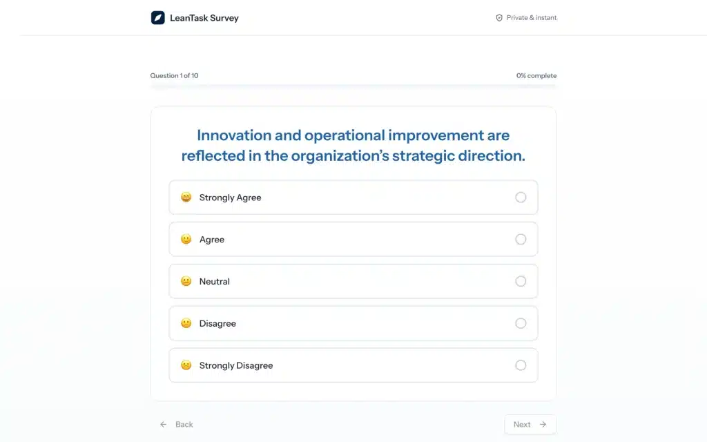 LeanTask BOOST readiness assessment, question 1 of 10