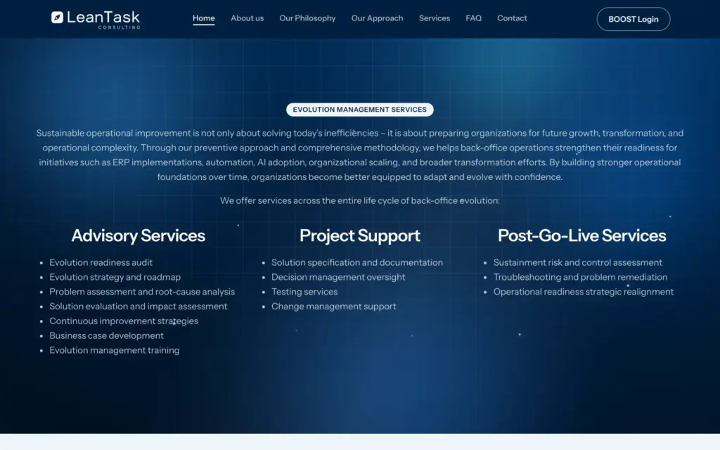 LeanTask website: advisory, project support and post-go-live services