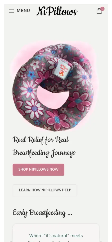 NiPillows website: Home page on a phone