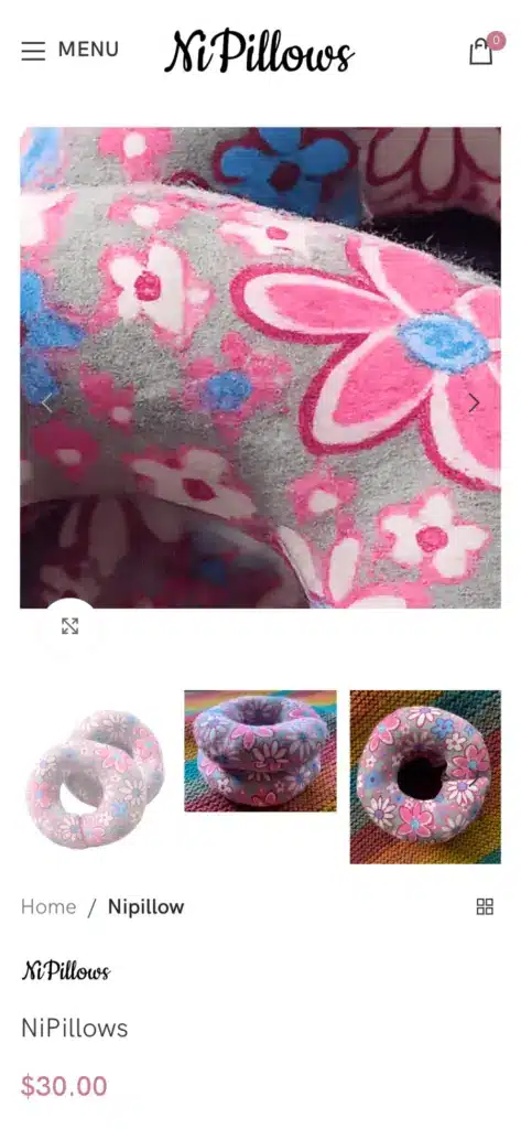 NiPillows website: Product page on a phone