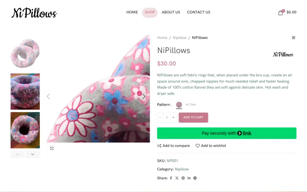 NiPillows website: Product page