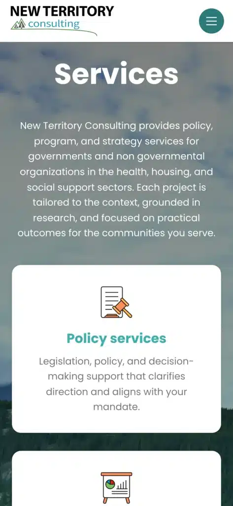 New Territory Consulting website: Services on a phone