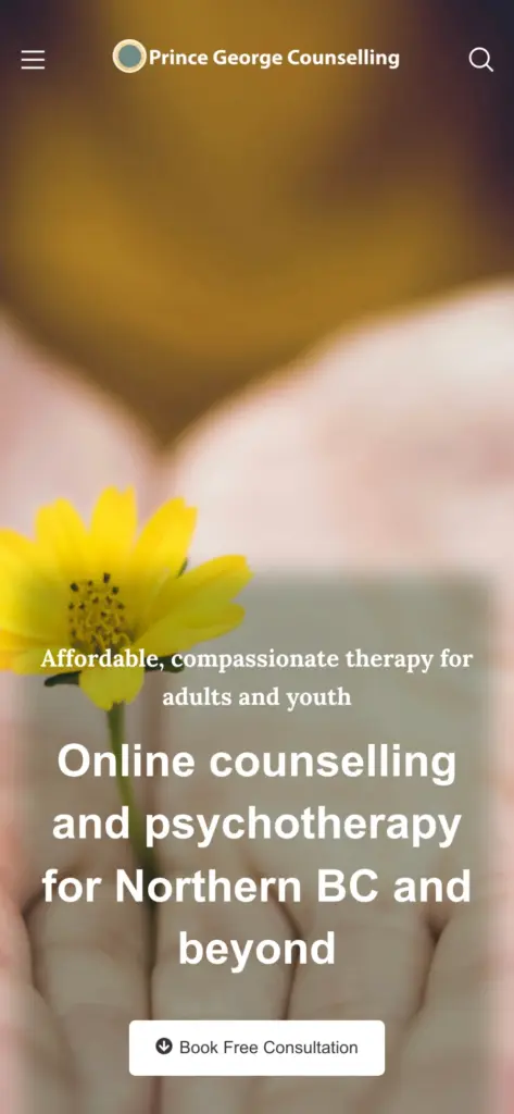 Prince George Counselling website: Home page on a phone