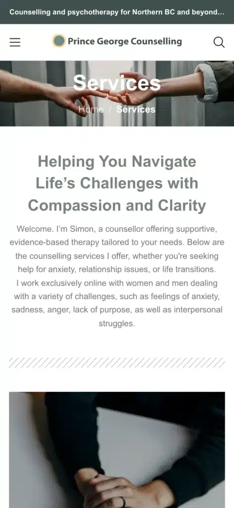 Prince George Counselling website: Services on a phone