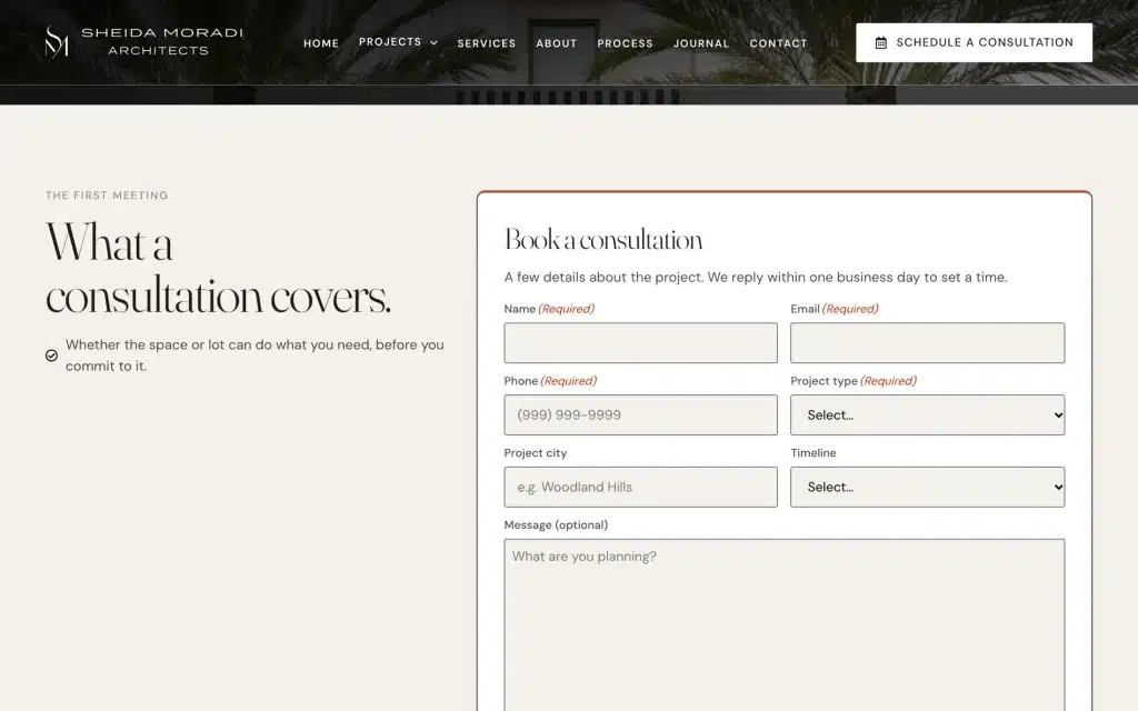 Sheida Moradi Architects website: Schedule a consultation