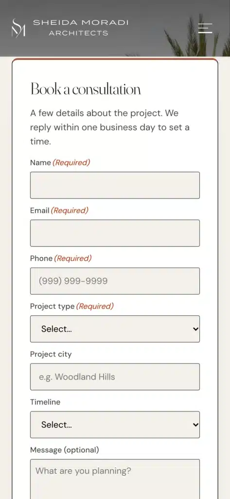 Sheida Moradi Architects website: Schedule a consultation on a phone