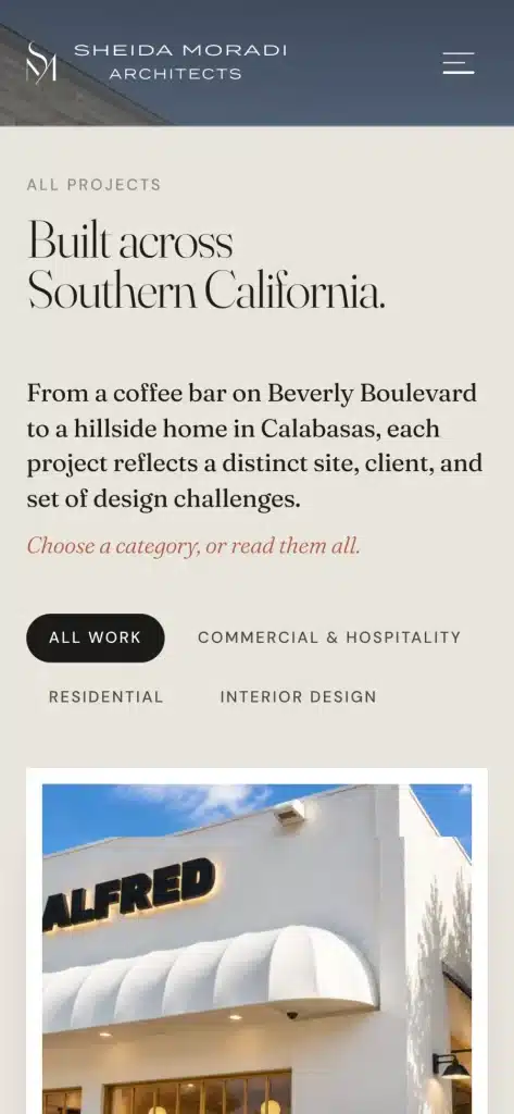 Sheida Moradi Architects website: Projects on a phone