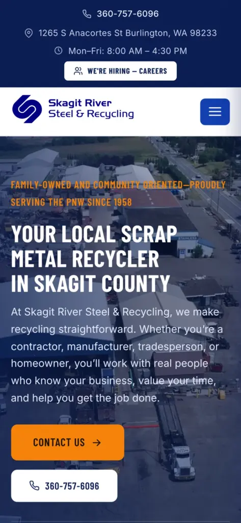 Skagit River Steel and Recycling website: Home page on a phone