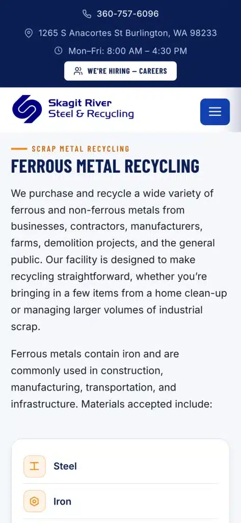 Skagit River Steel and Recycling website: Recycling services on a phone
