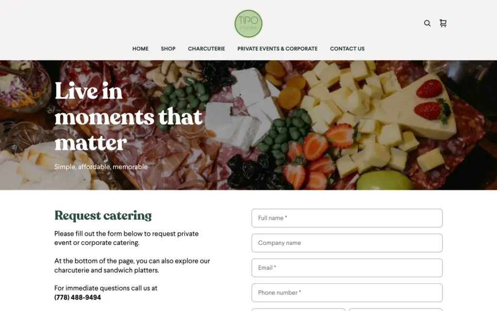 Tipo Foods website: Private events and corporate
