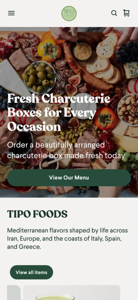 Tipo Foods website: Home page on a phone
