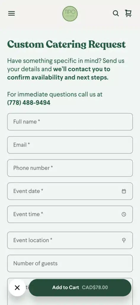 Tipo Foods website: Menu on a phone
