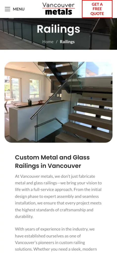 Vancouver Metals website: Railings on a phone