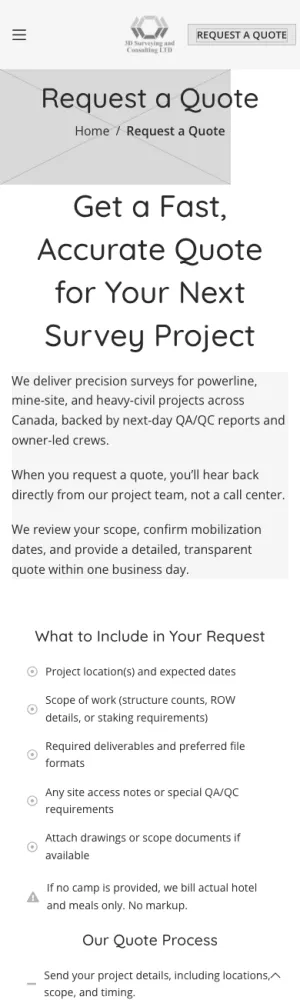 3D Surveying and Consulting wireframe: Request a quote, phone