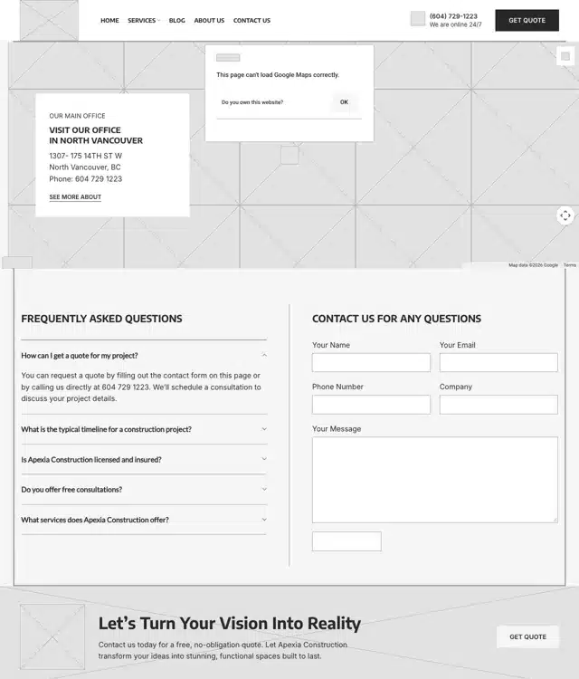 Apexia Construction wireframe: Contact us